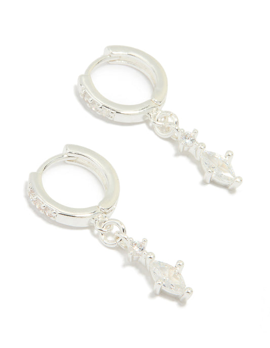 Silver Plated Cubic Zirconia Marquise Drop Huggie Earrings