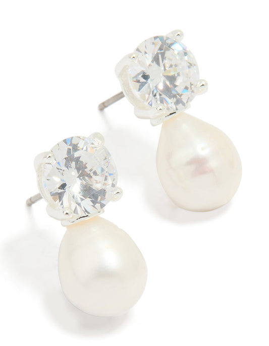 Silver Plated Cubic Zirconia Freshwater Pearl Drop Earrings