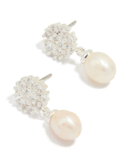 Silver Plated Cubic Zirconia Flower & Pearl Drop Earrings