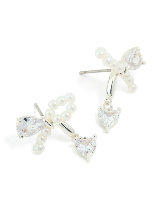 Silver Plated Cubic Zirconia & Pearl Bow Stud Earrings