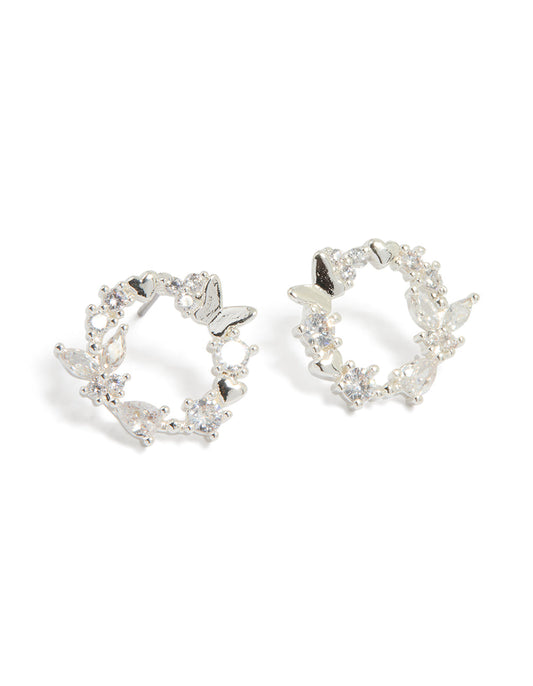 Silver Plated Cubic Zirconia Butterfly Wreath Earrings