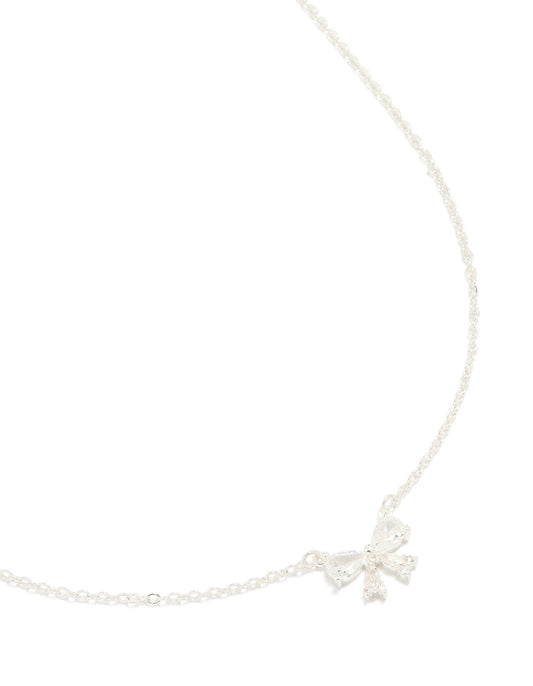 Silver Plated Cubic Zirconia Small Bow Pendant Necklace