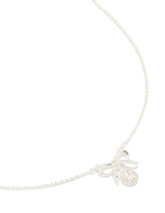 Silver Plated Cubic Zirconia Bow Pendant Necklace
