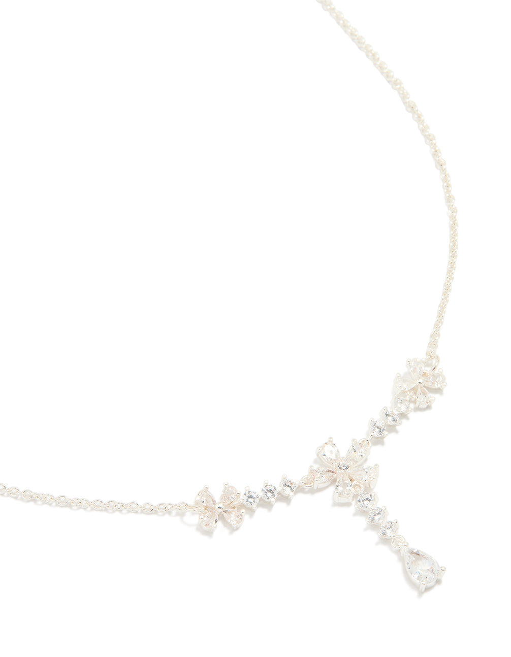 Silver Plated Cubic Zirconia Flower Trio Y-Necklace
