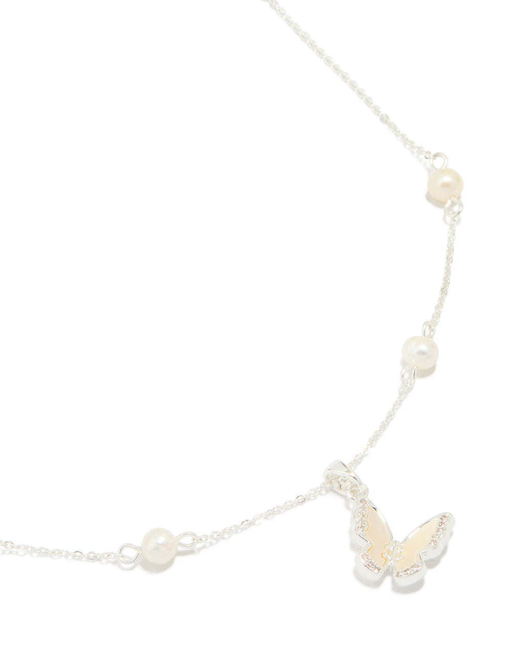 Silver Plated Cubic Zirconia Pearl Butterfly Necklace