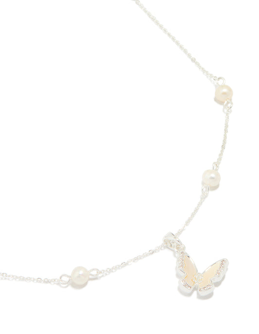 Silver Plated Cubic Zirconia Pearl Butterfly Necklace