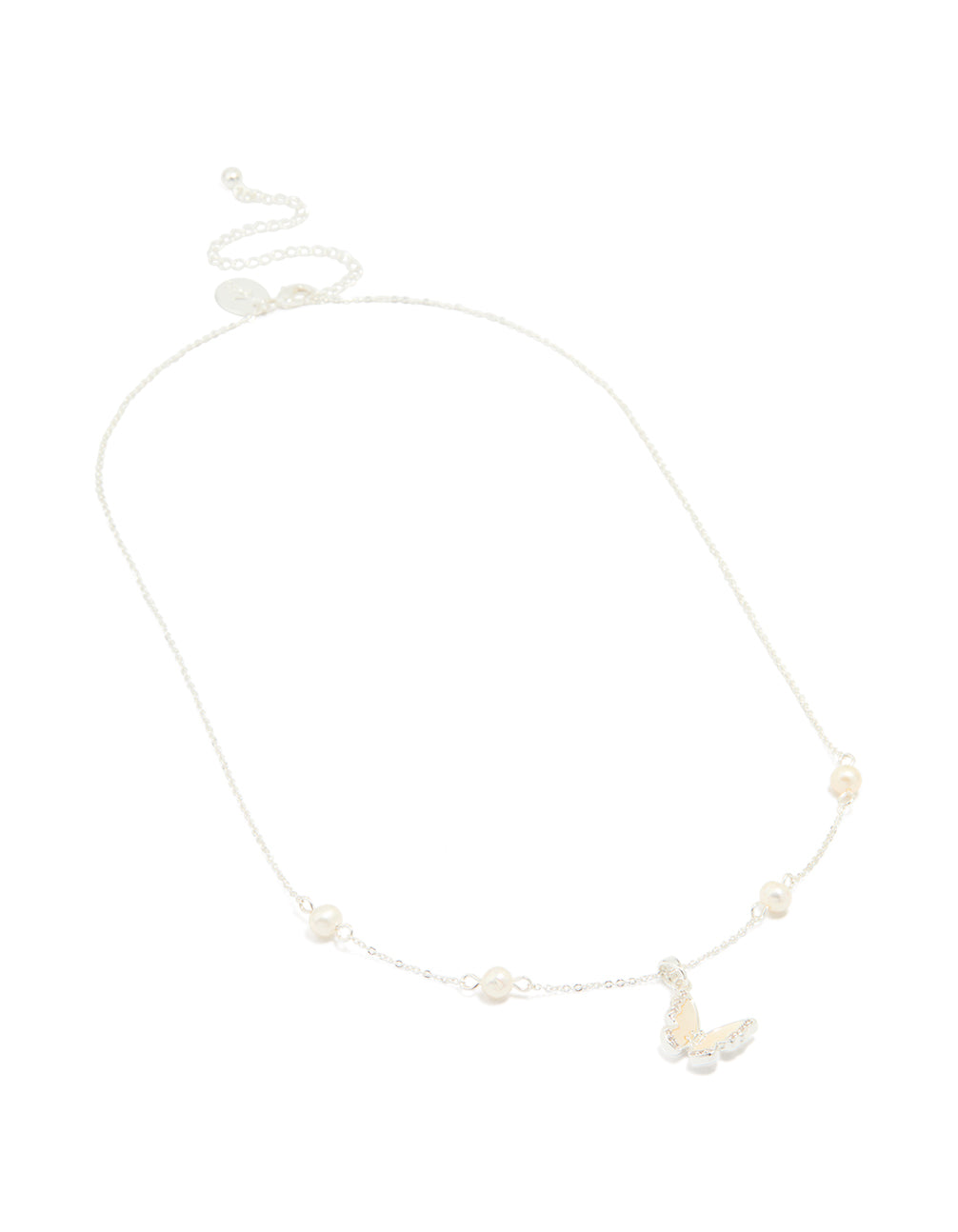 Silver Plated Cubic Zirconia Pearl Butterfly Necklace
