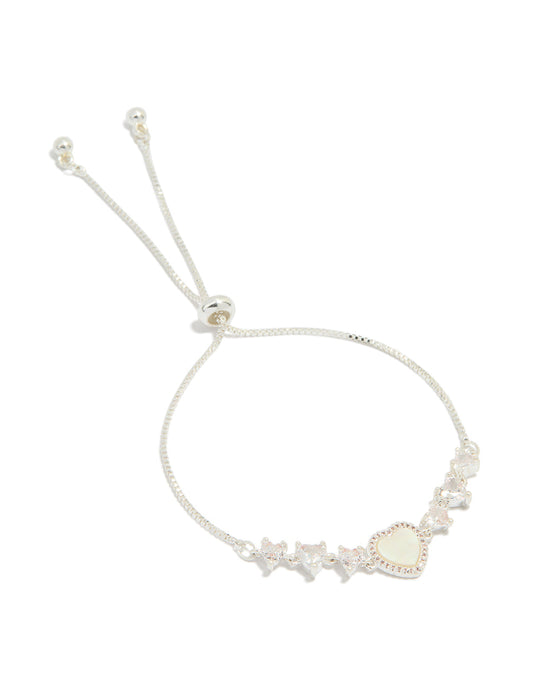 Silver Plated Mother Of Pearl & Cubic Zirconia Mini Heart Toggle Bracelet