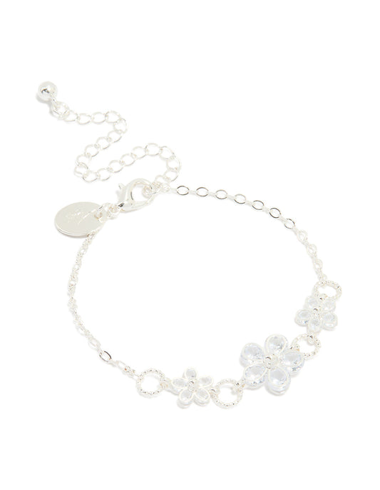 Silver Plated Cubic Zirconia Flower Station Bracelet