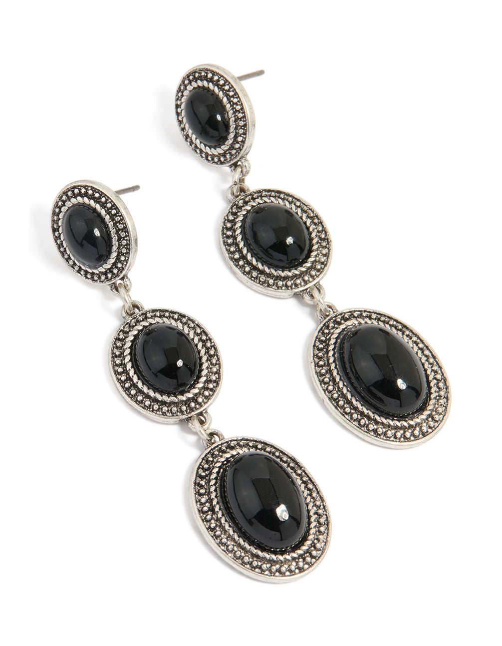 Antique Silver Black Stone Textured Circle Drop Earrings