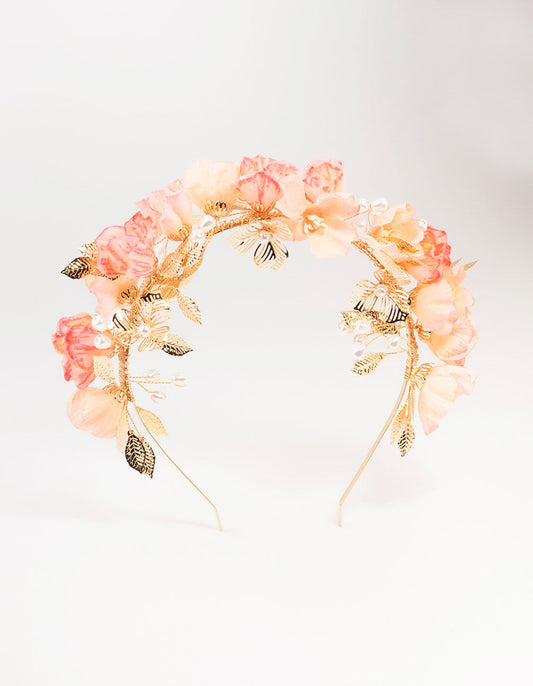 Gold Textured Leaves & Pink Flower Petal Headband