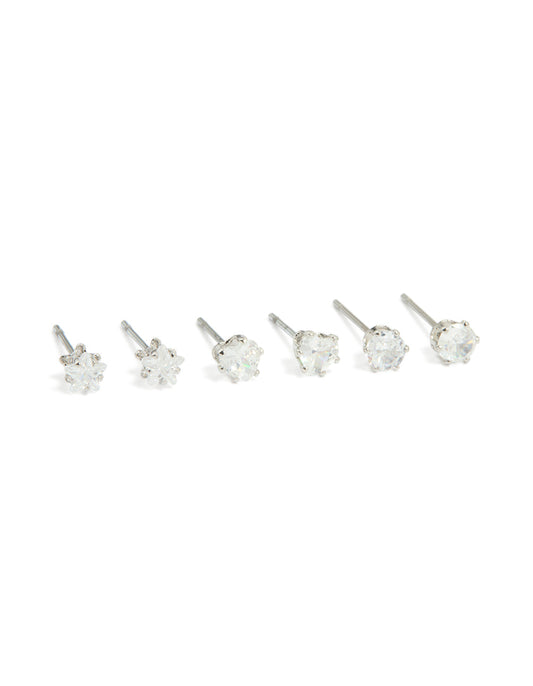 Silver Cubic Zirconia Stud Earrings 3-Pack