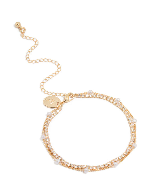 Gold Cubic Zirconia Pearl Toggle Bracelet