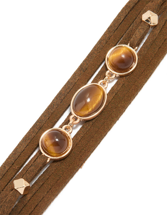 Gold Suede Brown Bead Multi Strand Boho Bracelet