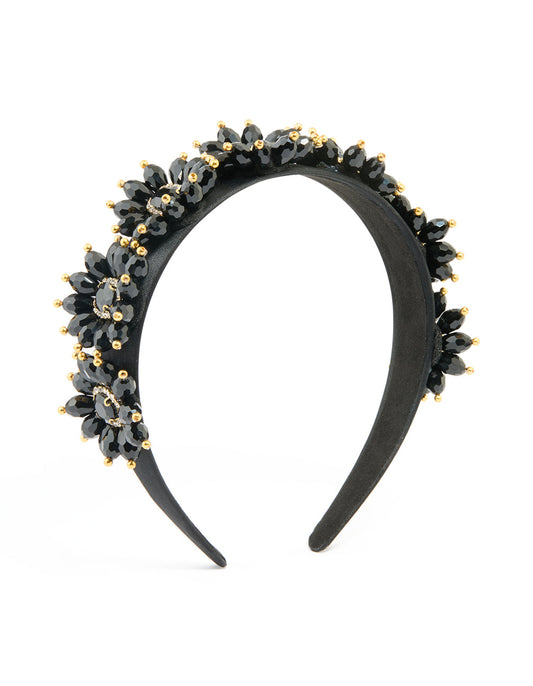 Black Fabric Beaded Floral Headband