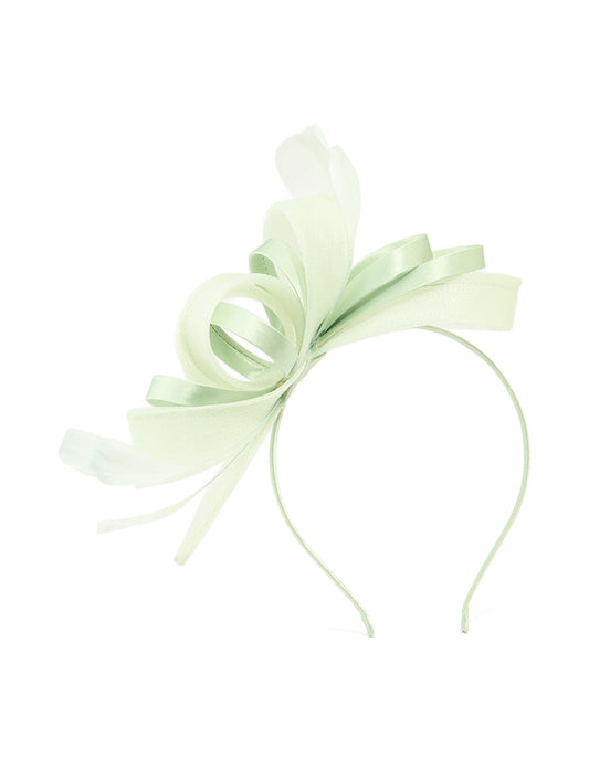 Green Sinamay Fabric Feather Ribbon Mixed Headband Fascinator