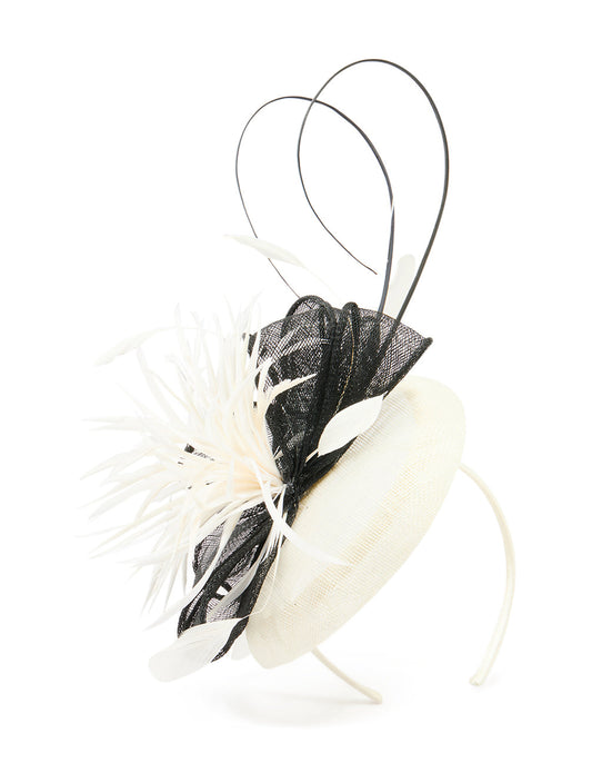 White & Black Feather Cluster Quill Pillbox Fascinator