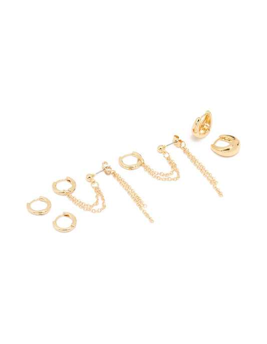 Gold Plated Huggie & Chain Earrings 3-Pack