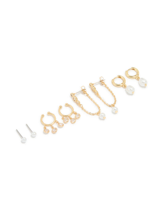 Gold Plated Cubic Zirconia & Pearl Huggie Earrings 4-Pack