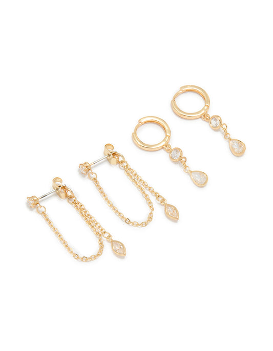 Gold Plated Cubic Zirconia Drop & Chain Earrings 2-Pack