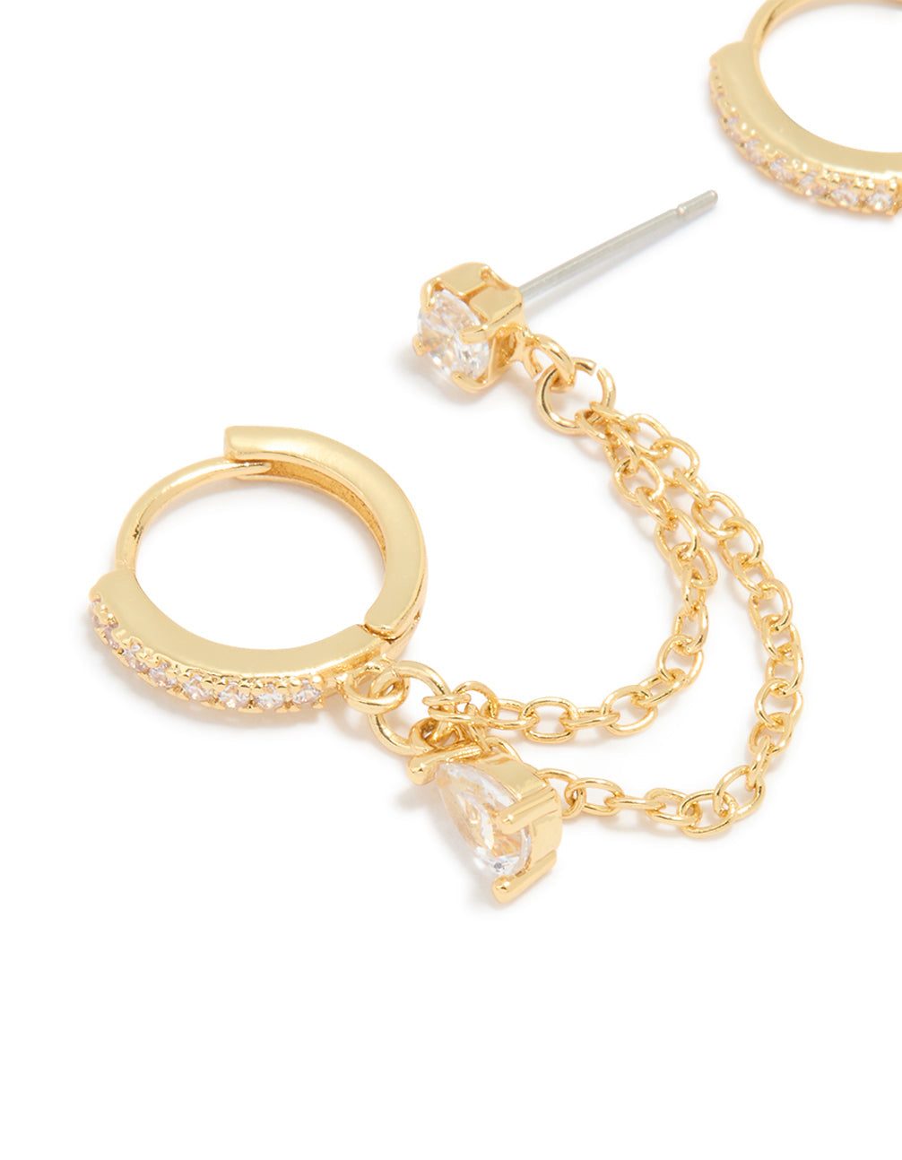 Gold Plated Cubic Zirconia Pear Layered Chain Huggie Earrings