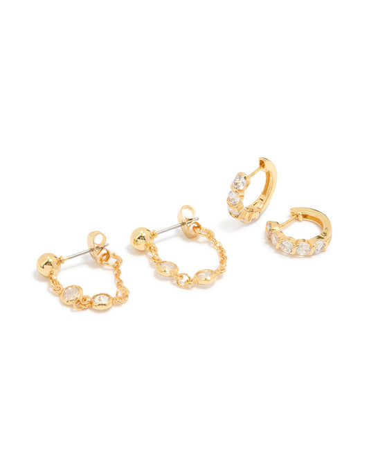 Gold Plated Cubic Zirconia Huggie Chain & Stud Earrings 2-Pack