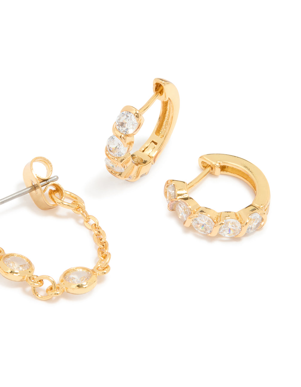 Gold Plated Cubic Zirconia Huggie Chain & Stud Earrings 2-Pack