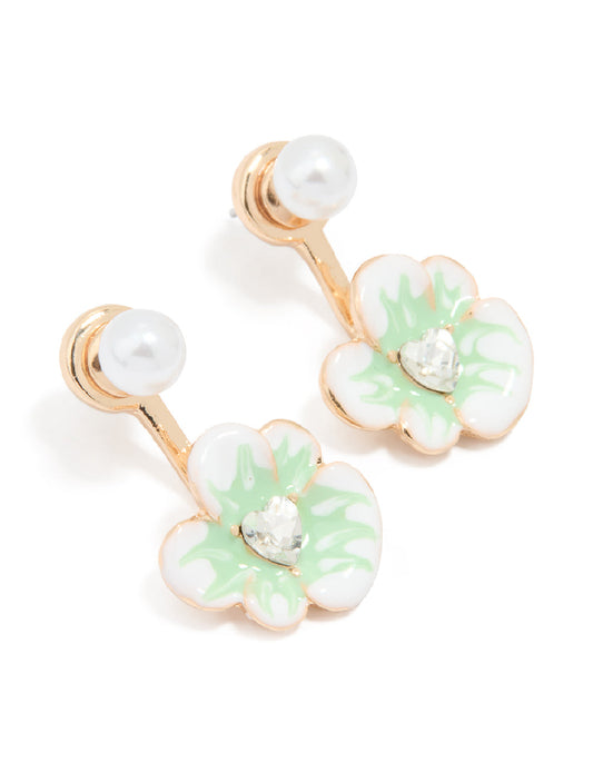 Gold Pearl & Flower Drop Earrings