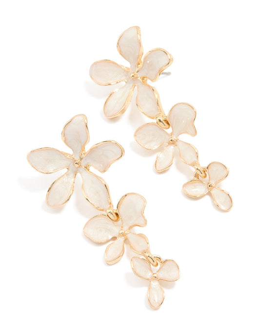 Gold Enamel Trio Flower Drop Earrings