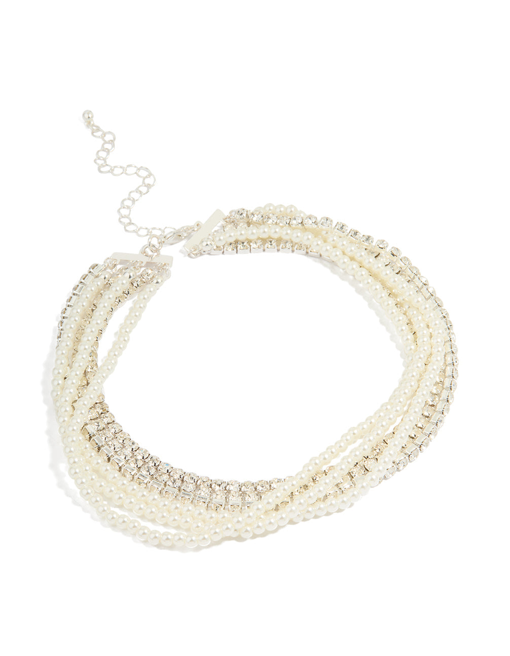 Silver Pearl Diamante Layered Choker Necklace