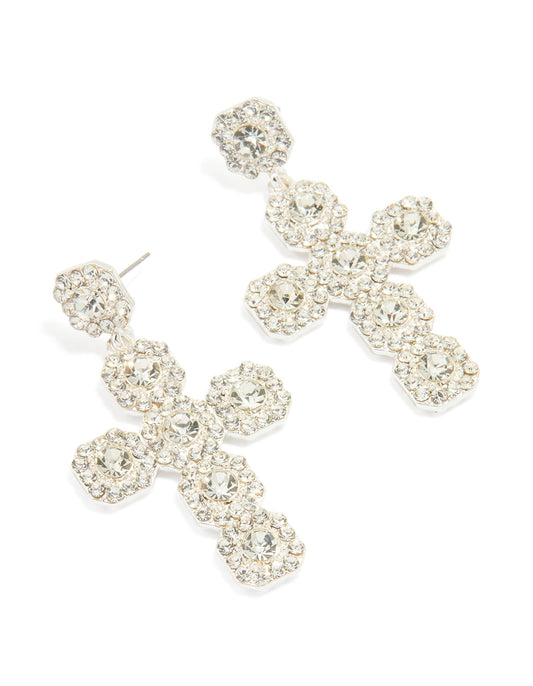 Silver Diamante Cross Drop Stud Earrings