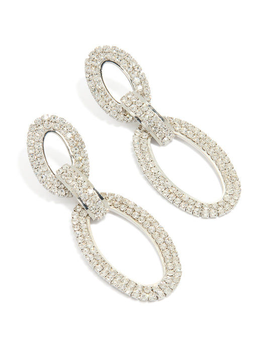 Silver Diamante Oval Chain Earrings