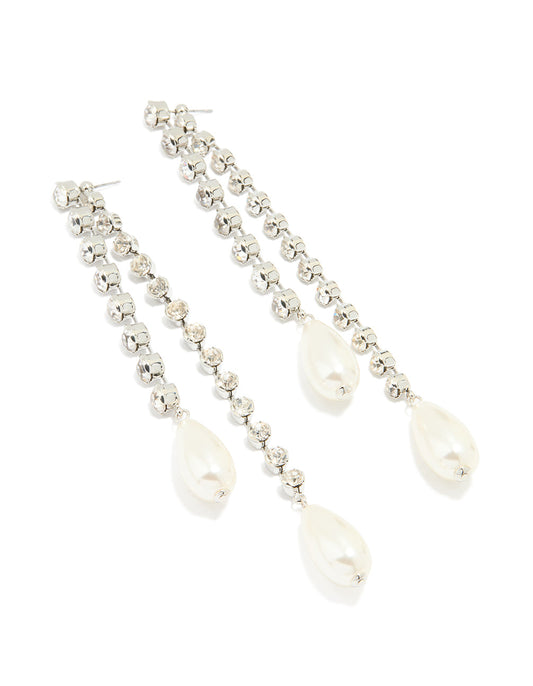 Silver Diamante Pearl Chain Drop Earrings