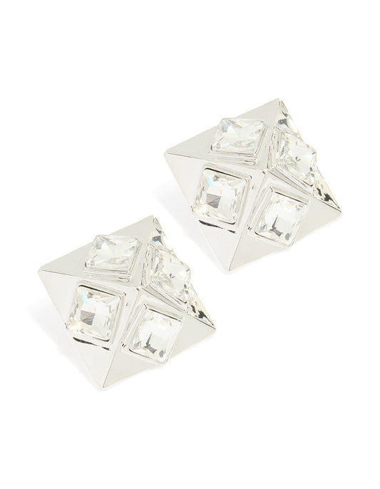 Silver Diamante Triangular Square Stud Earrings