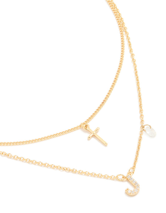 Gold Plated Cubic Zirconia Cross Letter J Layered Necklace