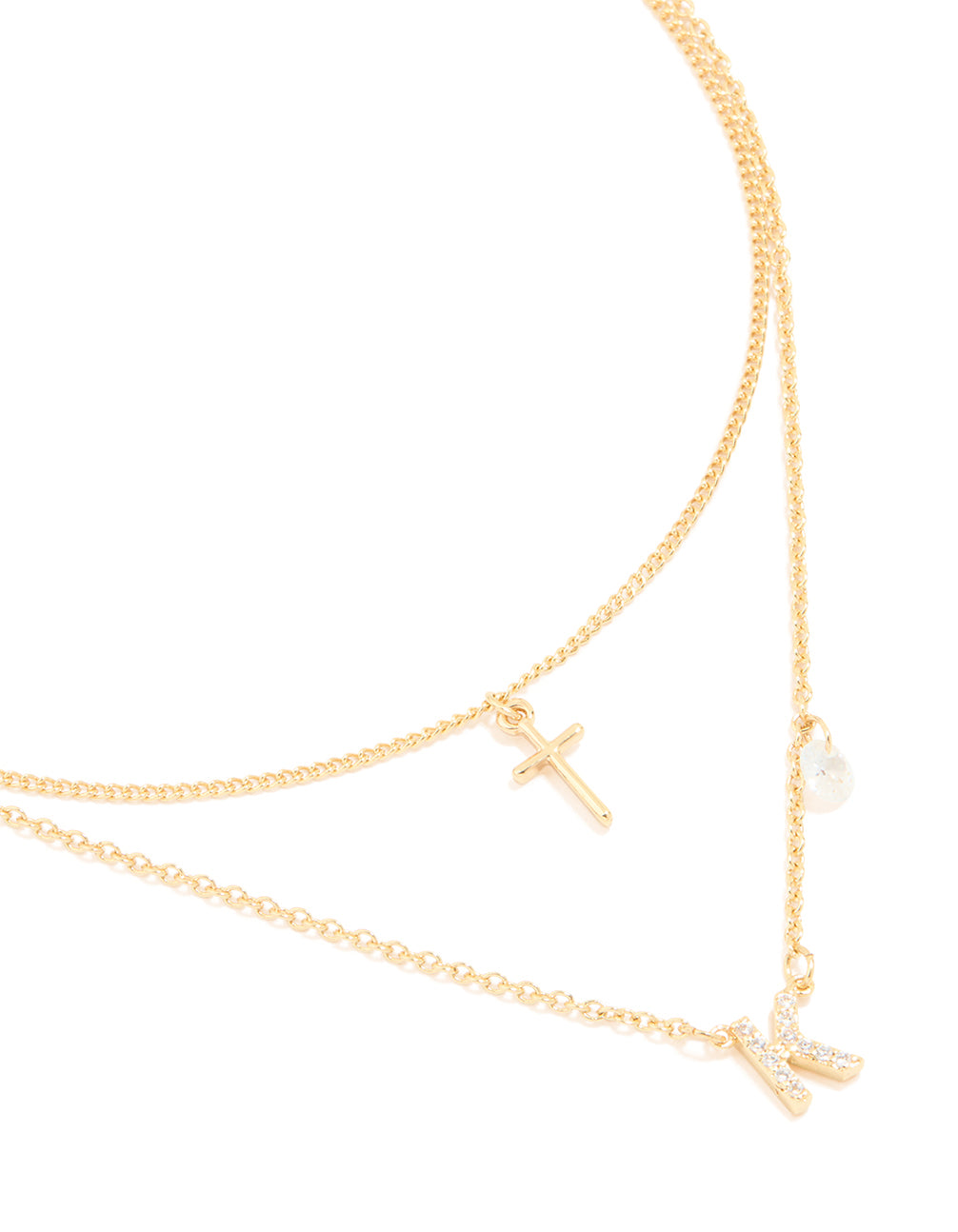 Gold Plated Cubic Zirconia Cross Letter K Layered Necklace