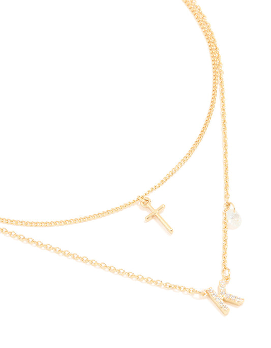 Gold Plated Cubic Zirconia Cross Letter K Layered Necklace