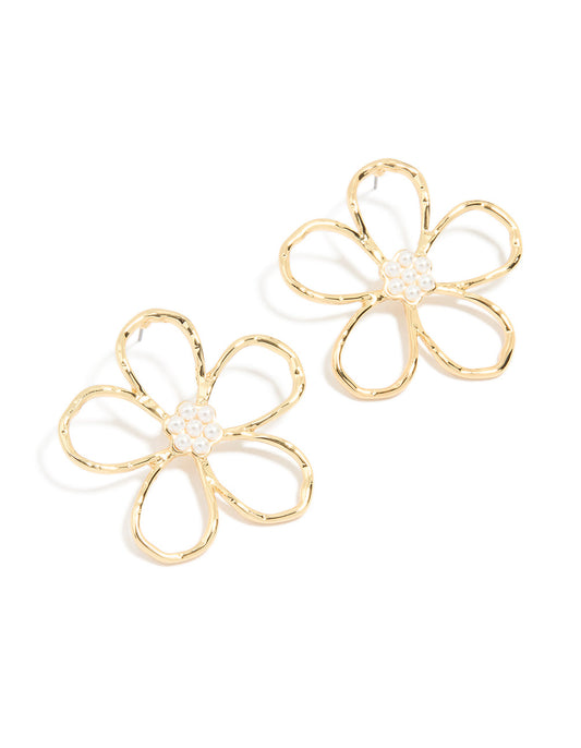 Gold Plated Pearl Flower Cut Out Textured Earrings