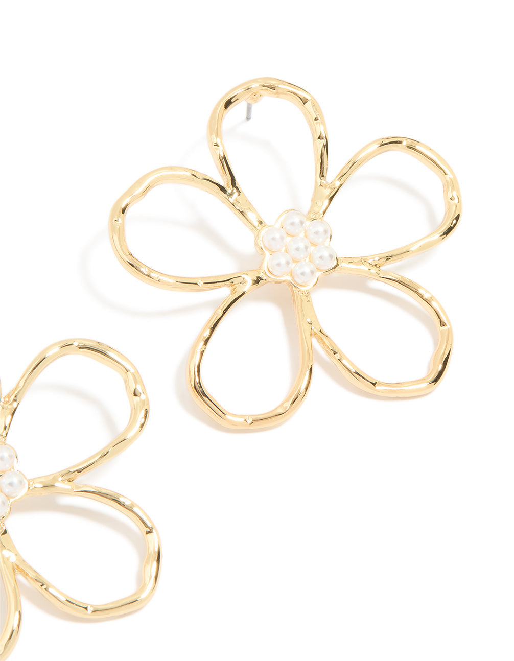 Gold Plated Pearl Flower Cut Out Textured Earrings