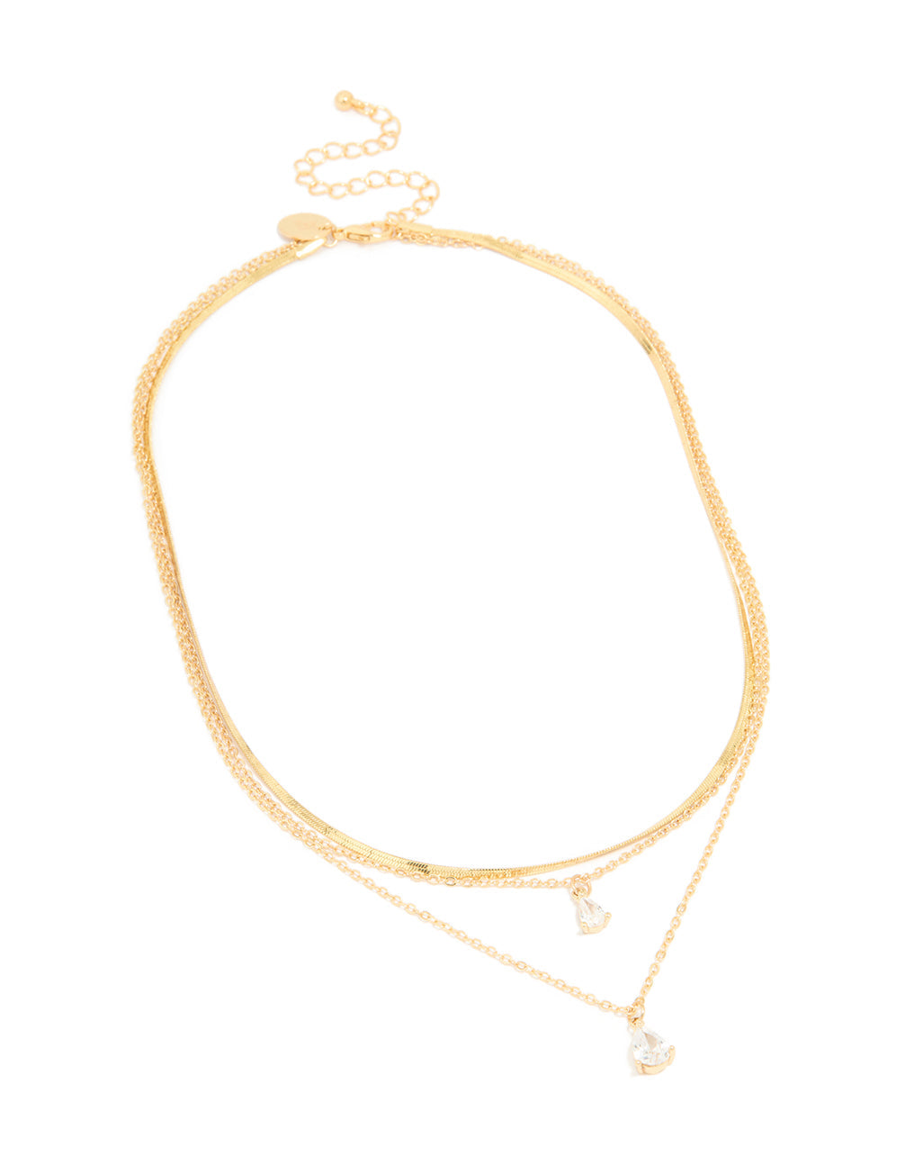 Gold Plated Cubic Zirconia Teardrop Snake Chain Layered Necklace