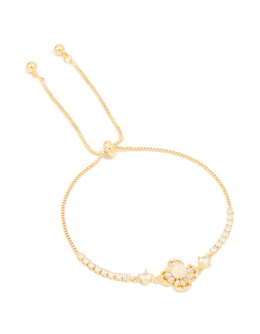 Gold Plated Cubic Zirconia Flower Baguette Toggle Bracelet