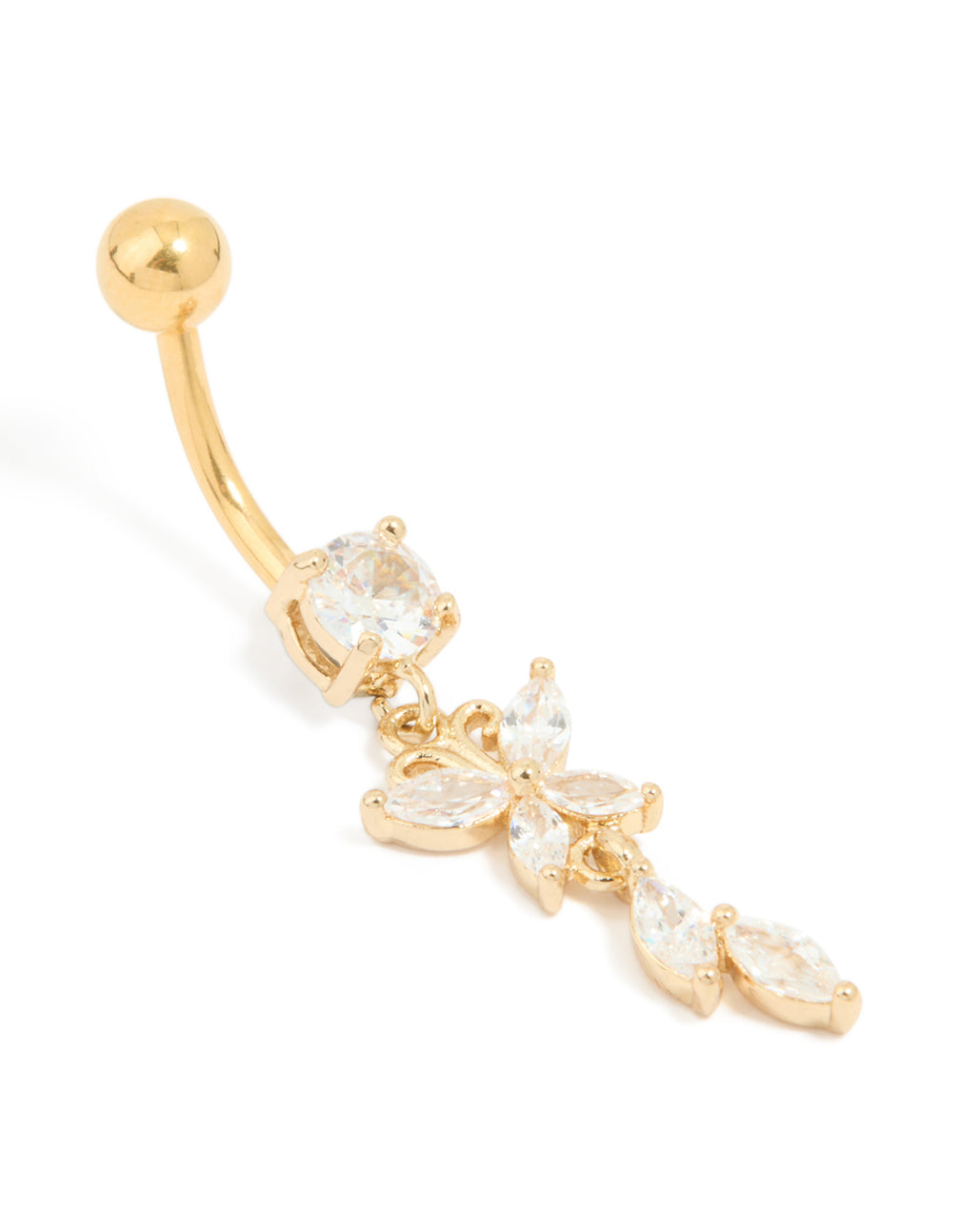 Gold Plated Surgical Steel Cubic Zirconia Butterfly & Leaf Drop Belly Bar