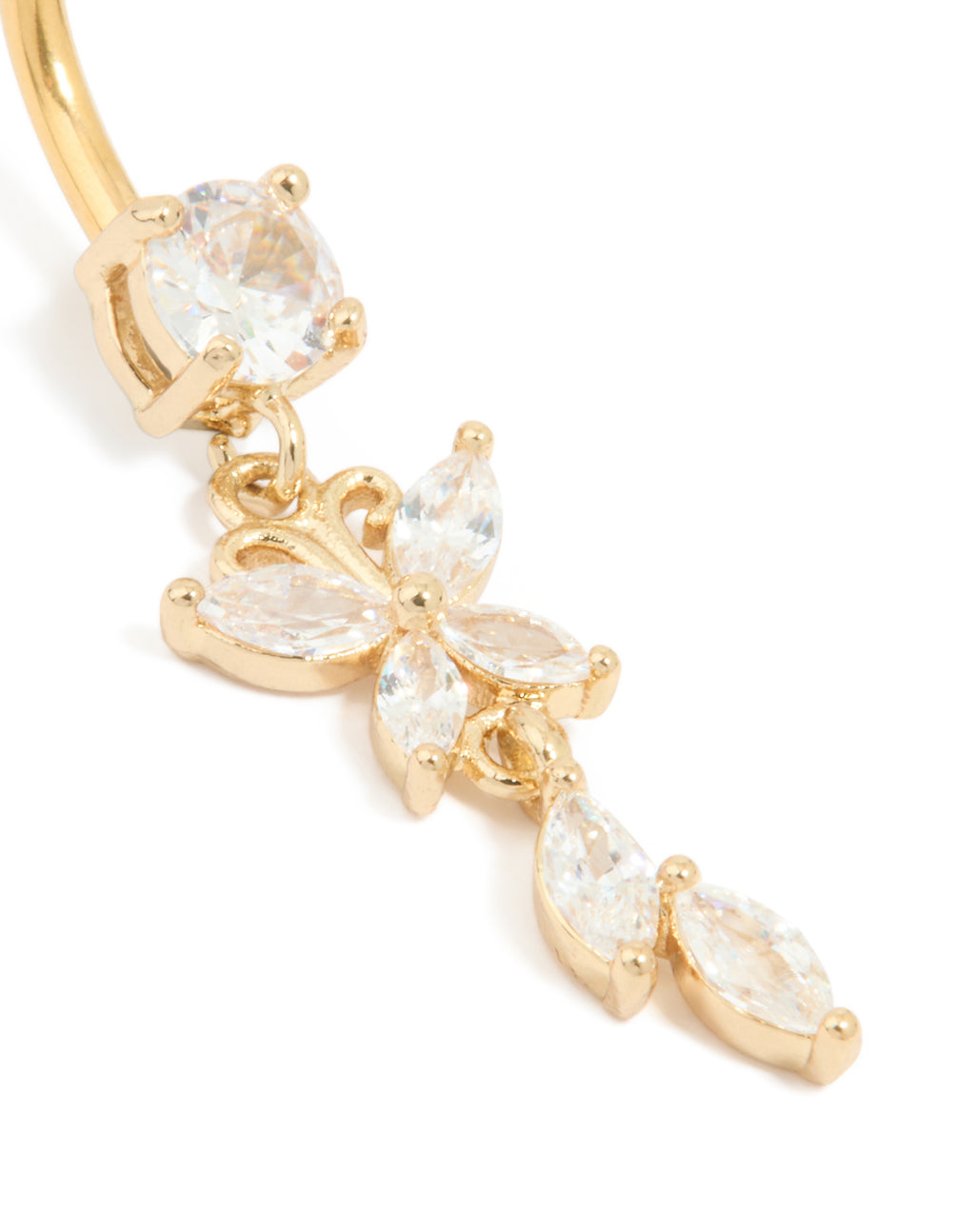 Gold Plated Surgical Steel Cubic Zirconia Butterfly & Leaf Drop Belly Bar