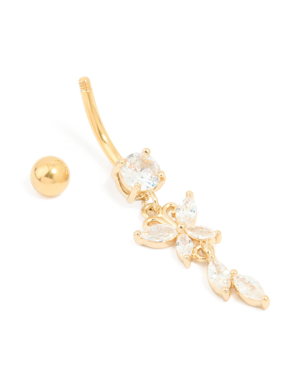 Gold Plated Surgical Steel Cubic Zirconia Butterfly & Leaf Drop Belly Bar
