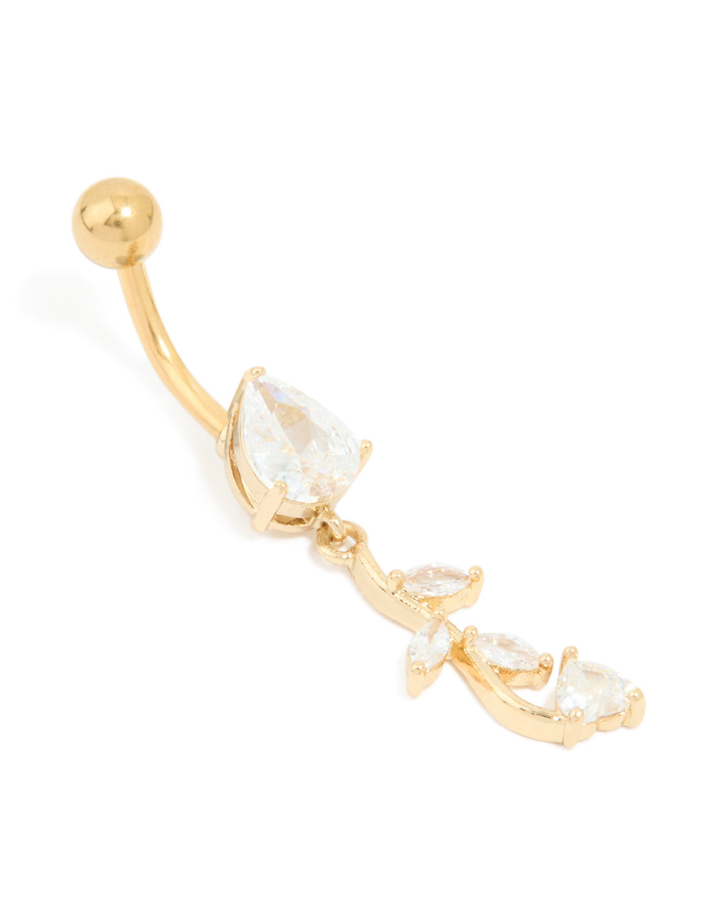 Gold Plated Surgical Steel Cubic Zirconia Pear Leaf Drop Belly Bar