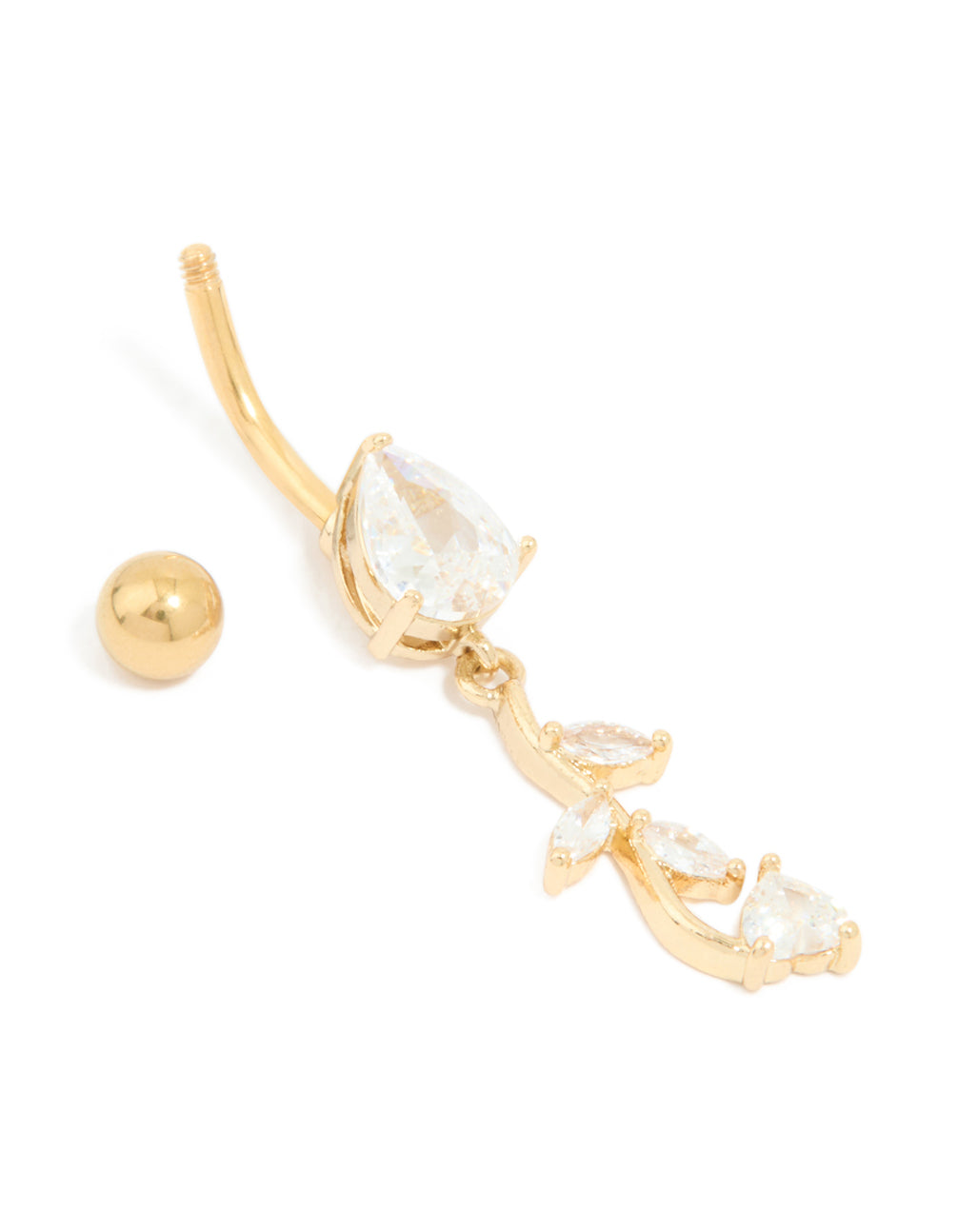 Gold Plated Surgical Steel Cubic Zirconia Pear Leaf Drop Belly Bar