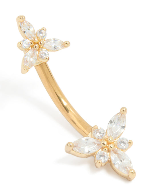 Gold Plated Titanium Diamante Double Dainty Flower Belly Bar