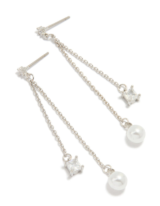 Silver Cubic Zirconia Pearl Chain Drop Earrings