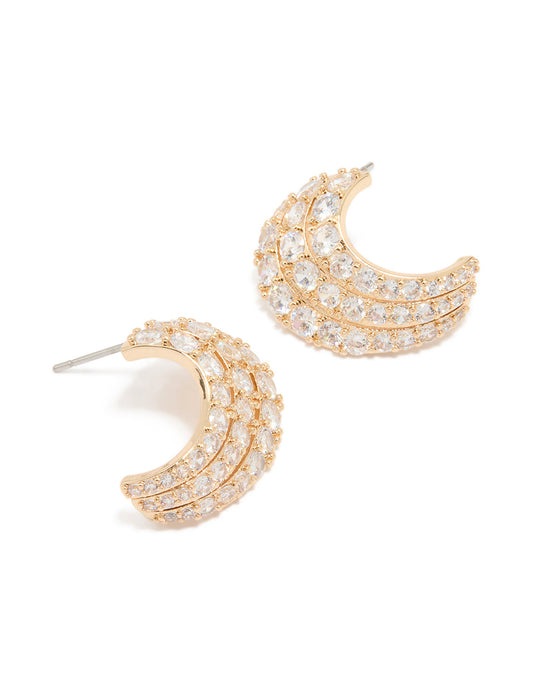 Gold Cubic Zirconia Curved Stud Earrings