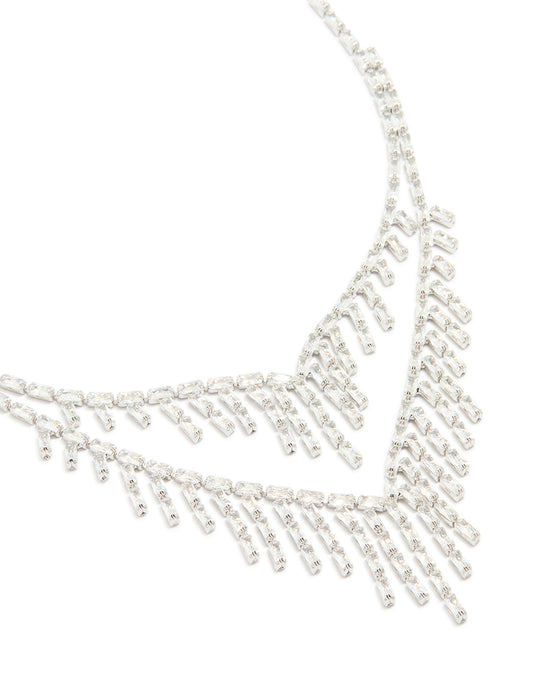 Silver Cubic Zirconia Statement Layered Chain Necklace